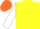 Yellow, white sleeves, orange cap