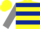 Yellow body, dark blue hooped, grey arms, yellow cap, dark blue hooped