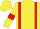 Yellow body, red braces, yellow arms, red armlets, yellow cap