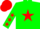 Green body, red star, green arms, red stars, red cap