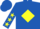 Royal blue, yellow 'h' in diamond frame, yellow stars on sleeves, royal blue cap