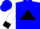 Blue, white sleeves, black collar and cuffs, triangle black 'k'