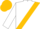 White, navy and gold sash, navy and gold 'm', navy and gold band on sleeves, gold cap