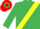 Emerald green, yellow sash, red & emerald green hooped cap