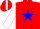 Red, blue circled 'v' on white star, blue star stripe and red stripe on white sleeves