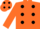 Orange body, black spots, orange arms, orange cap, black spots