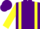 Purple body, yellow braces, yellow arms, purple cap
