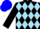 Black and sky blue diamonds, black sleeves, two blue hoops, blue cap