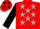 Red, black 'jw', silver stars, silver stars on black sleeves