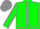 Green body, grey seams, green arms, grey seams, grey cap