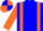 Blue body, orange braces, orange arms, orange cap, blue quartered