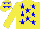 Yellow body, blue stars, yellow arms, yellow cap, blue stars