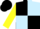 Black and Light Blue (quartered), Yellow sleeves, Black cap