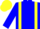 Blue body, yellow braces, blue arms, yellow cap, blue hooped