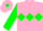 Pink body, green triple diamond, green arms, pink cap, green diamond