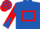 Royal blue, red hollow box, diabolo on sleeves, check cap
