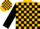 Gold, black circled 'rr', black blocks on sleeves