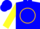 Blue, gold emblem in gold circle, blue hoops on yellow sleeves