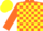 orange and yellow checked, orange sleeves, yellow cap