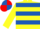 Yellow, Royal Blue hoops, Royal Blue and Red quartered cap