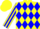 Yellow, blue diamonds, blue stripe on sleeves