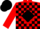 Red, black diamond, black horseshoe, black blocks on sleeves