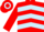 Red, Light Blue chevrons, Red sleeves, hooped cap