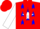Red, blue circled 'v' on white star, blue stars & red stripes on white sleeves, red cap