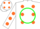 White, green circle, orange t, green & orange polka spots