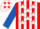 Red, white stripes, white stars on royal blue right sleeve