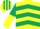 Yellow, dark green chevrons, dark green and yellow halved sleeves, dark green and yellow striped cap