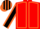 Red, orange seams, black sleeves, orange seams, black and orange striped cap
