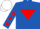 Royal blue, red inverted triangle, royal blue sleeves, red spots, white cap