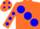 Orange body, blue large spots, orange arms, blue spots, orange cap, blue spots