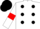 White body, black spots, white arms, red armlets, black cap