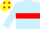 Light blue, red hoop, red armlet, yellow cap, red spots