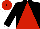 Black and red triangular thirds, black sleeves, white cuffs, red cap, white visor, black button