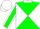 Green and white diagonal quarters, white collar, green sleeves, white seams, green and white cap
