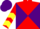 Red and purple diagonal quarters, red sleeves, yellow chevrons, purple cap, red visor