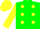 Green, yellow dots, green bars on yellow sleeves, yellow cap
