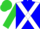 Blue, white cross sashes, lime sleeves, lime cap