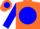 Orange ,'b' on blue ball, orange bars on blue sleeves