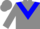 Grey, blue triangular panel, grey 'gg' in blue horseshoes