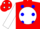 Red, 'c' on white ball, blue dots on white sleeves