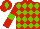 Red and light green diamonds, red sleeves, light green armlets and diamond on cap