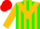 Forest green, gold triangular panel, red and gold stripes on sleeves, red cap