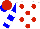 White, red dots, blue sleeves, two white hoops, red cap, blue visor
