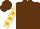 Brown, orange dots on tan sleeves, brown cap