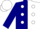 Navy blue and white halves, white polka dots on navy cap