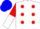 White, red dots, red circled 'lar', red and white halved sleeves, blue cap